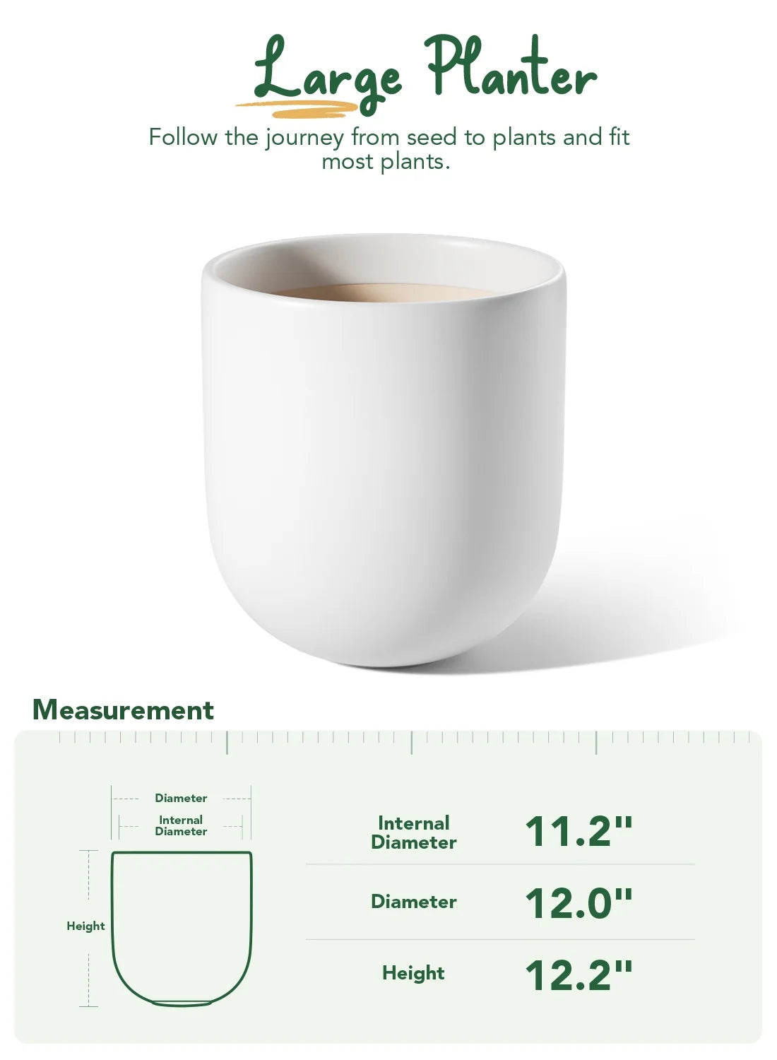 12" Ceramic Plant Pots, Large Flower Pots with Drain Holes& Plug Indoor Planter, White Outdoor Planter