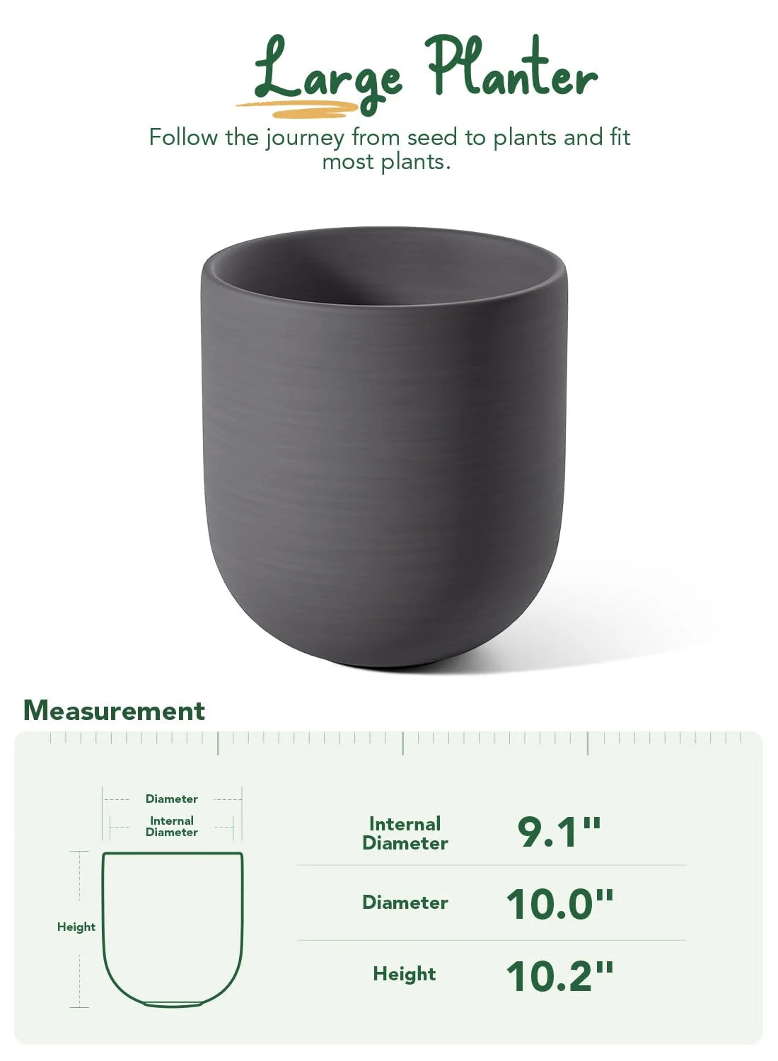 10" Plant Pots, Ceramic Flower Pots with Drainage Hole & Plug, Indoor Planter for Outdoor Decorative,Charcoal Gray