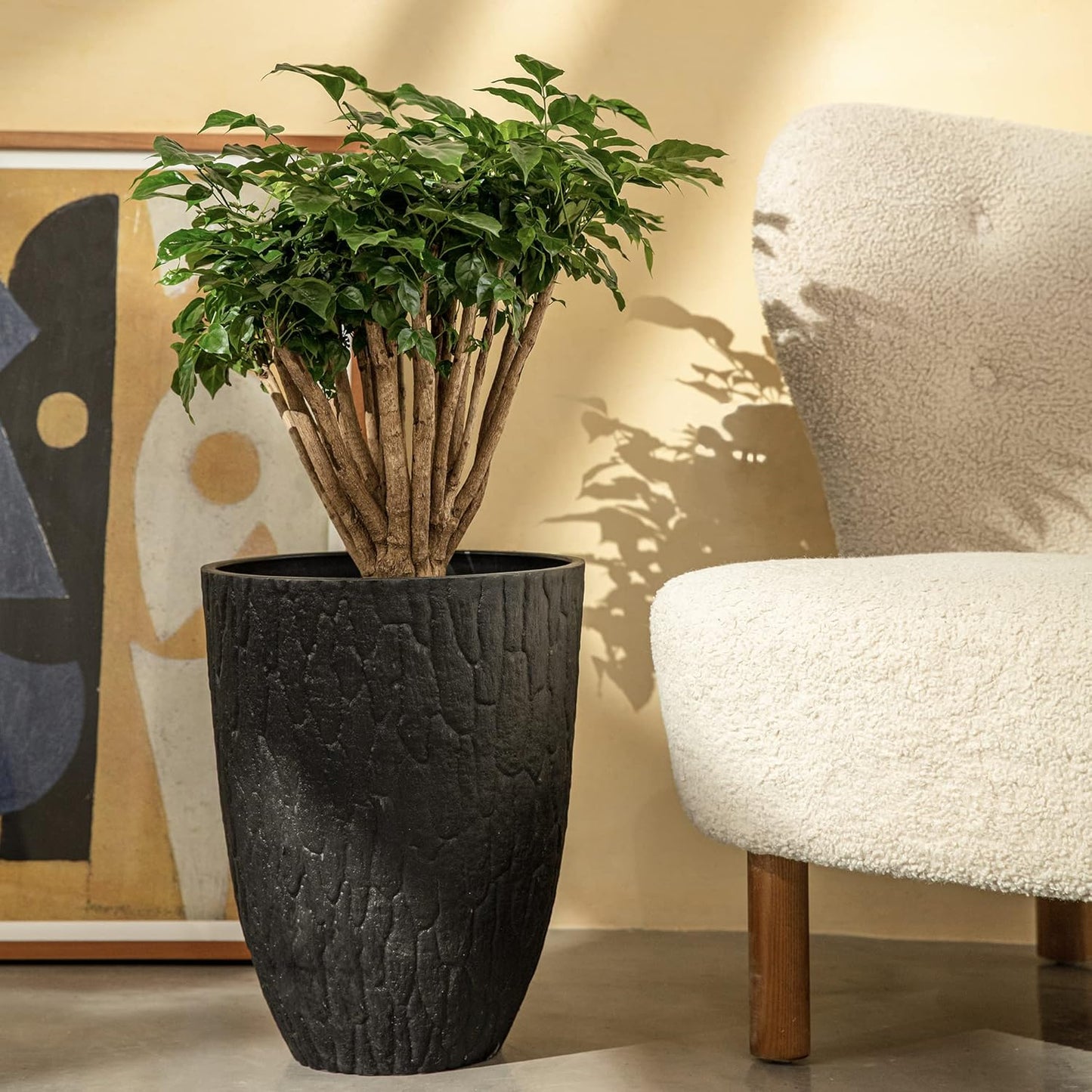 Tall Planter - 14.2 Inch Large Indoor & Outdoor Tree Planter, Plant Pot Containers with Tree Bark Texture, Black