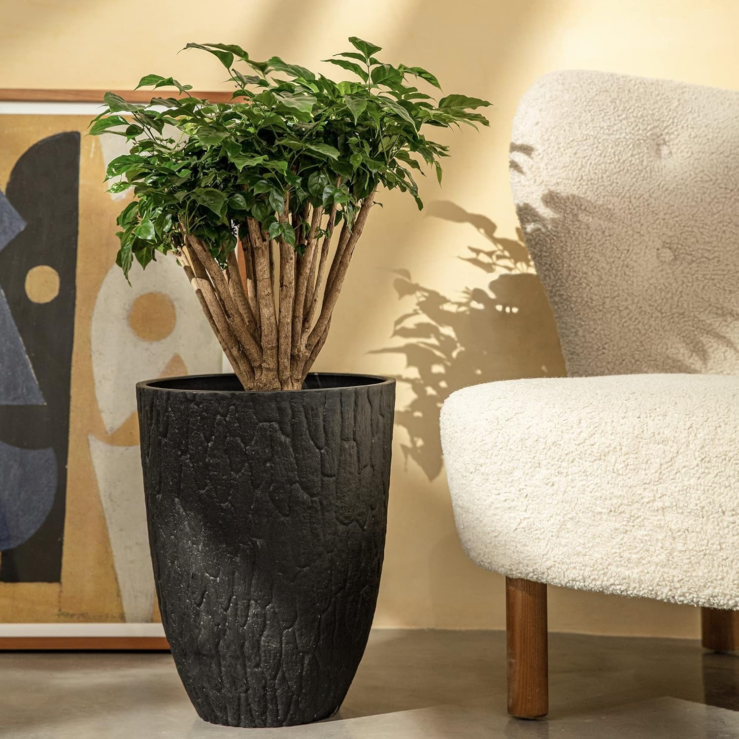 Tall Planter - 14.2 Inch Large Indoor & Outdoor Tree Planter, Plant Pot Containers with Tree Bark Texture, Black