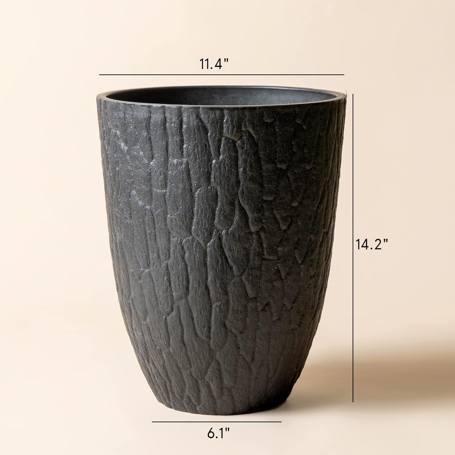 Tall Planter - 14.2 Inch Large Indoor & Outdoor Tree Planter, Plant Pot Containers with Tree Bark Texture, Black