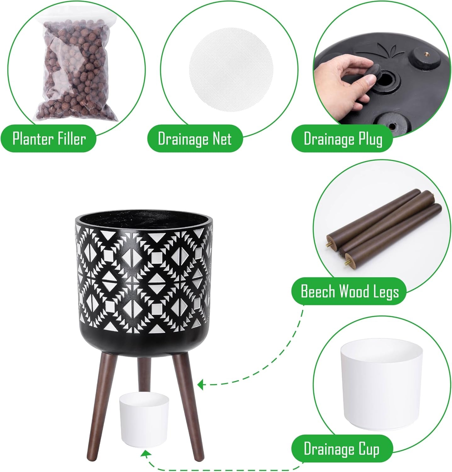 12 Inch Planter Pot with Stand, Mid-Century Tall Plant Pot with Legs for Indoor Plants, White/Black, 88-G-C-4