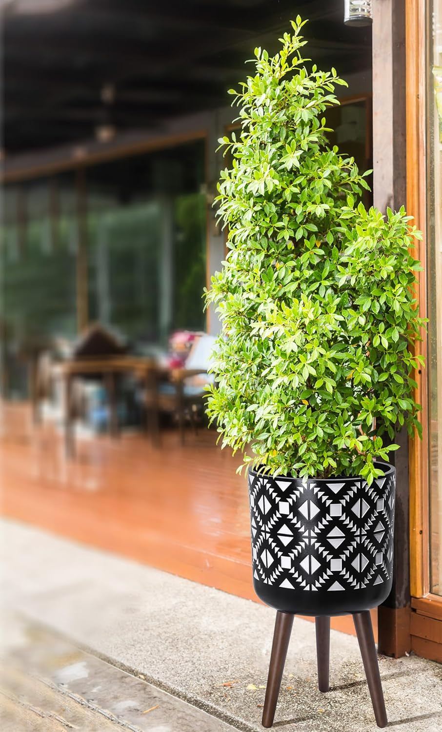 12 Inch Planter Pot with Stand, Mid-Century Tall Plant Pot with Legs for Indoor Plants, White/Black, 88-G-C-4