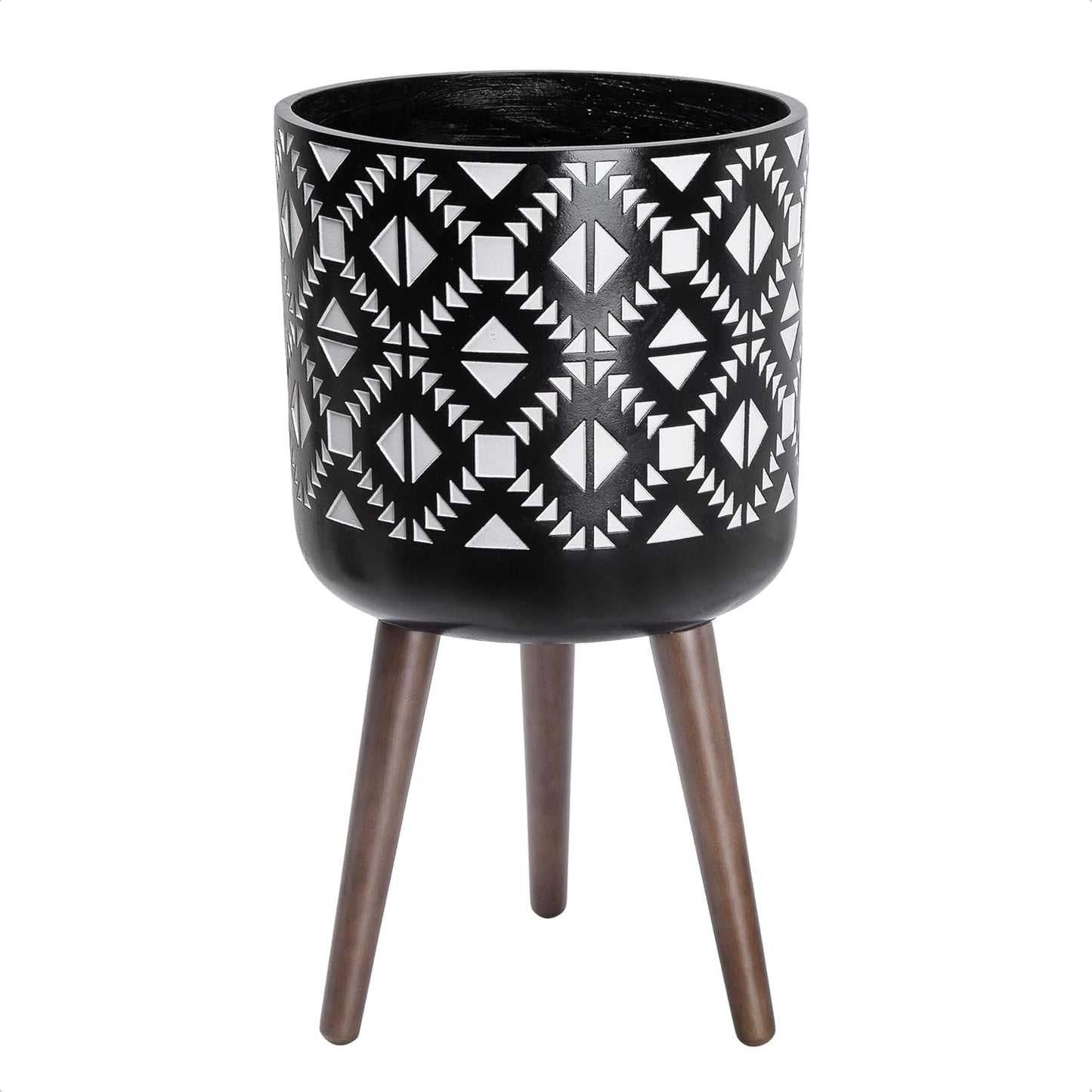 12 Inch Planter Pot with Stand, Mid-Century Tall Plant Pot with Legs for Indoor Plants, White/Black, 88-G-C-4