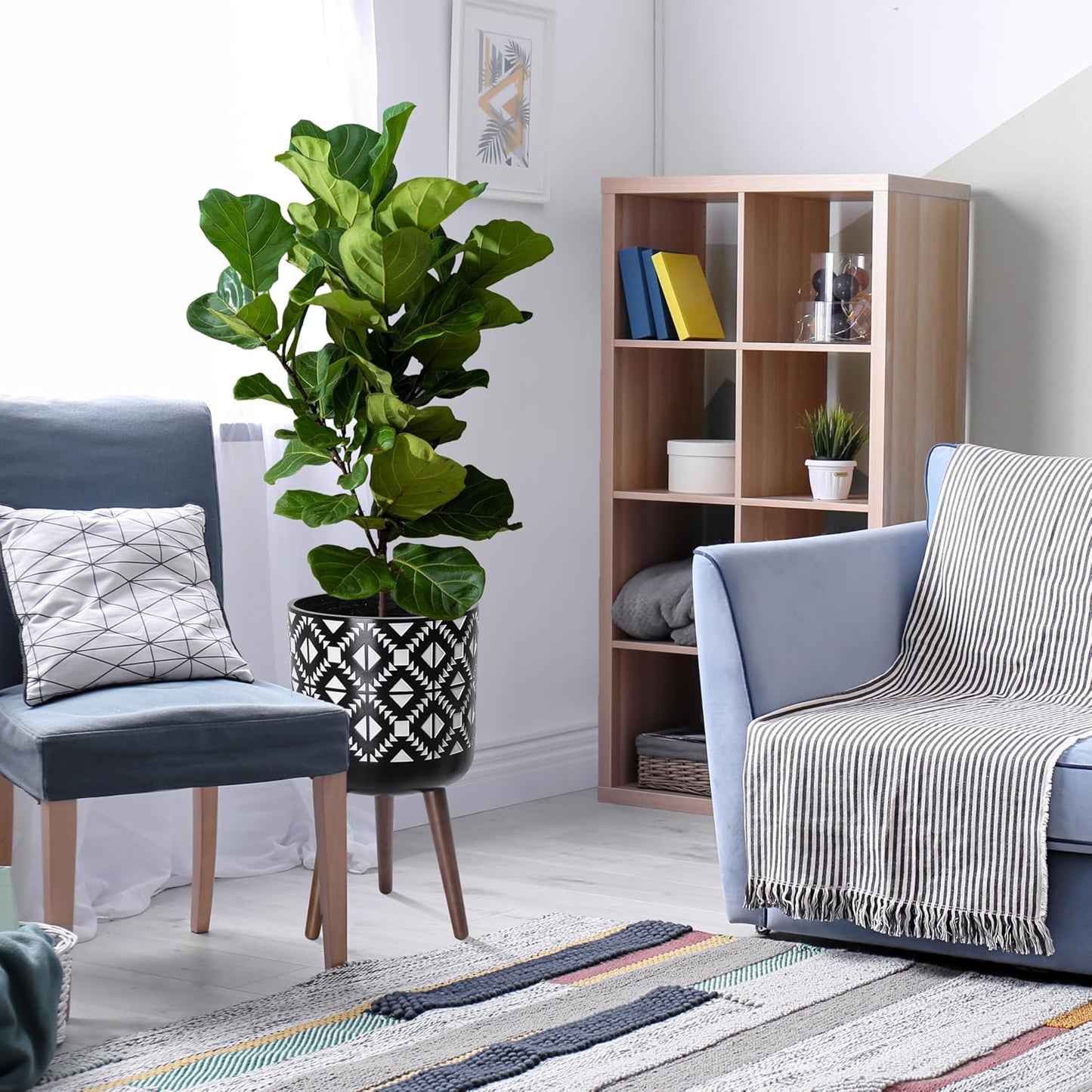 12 Inch Planter Pot with Stand, Mid-Century Tall Plant Pot with Legs for Indoor Plants, White/Black, 88-G-C-4