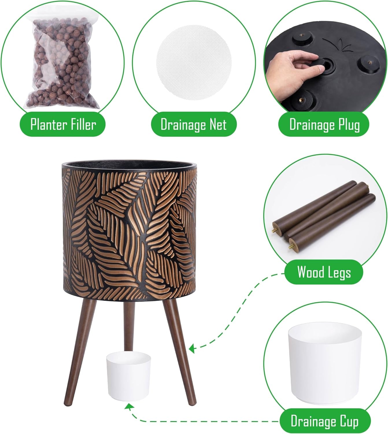 14 Inch Planter Pot with Stand, Mid-Century Tall Plant Pot with Legs for Indoor Plants, X-Large, Bronze/Grey, 88-L-D-6