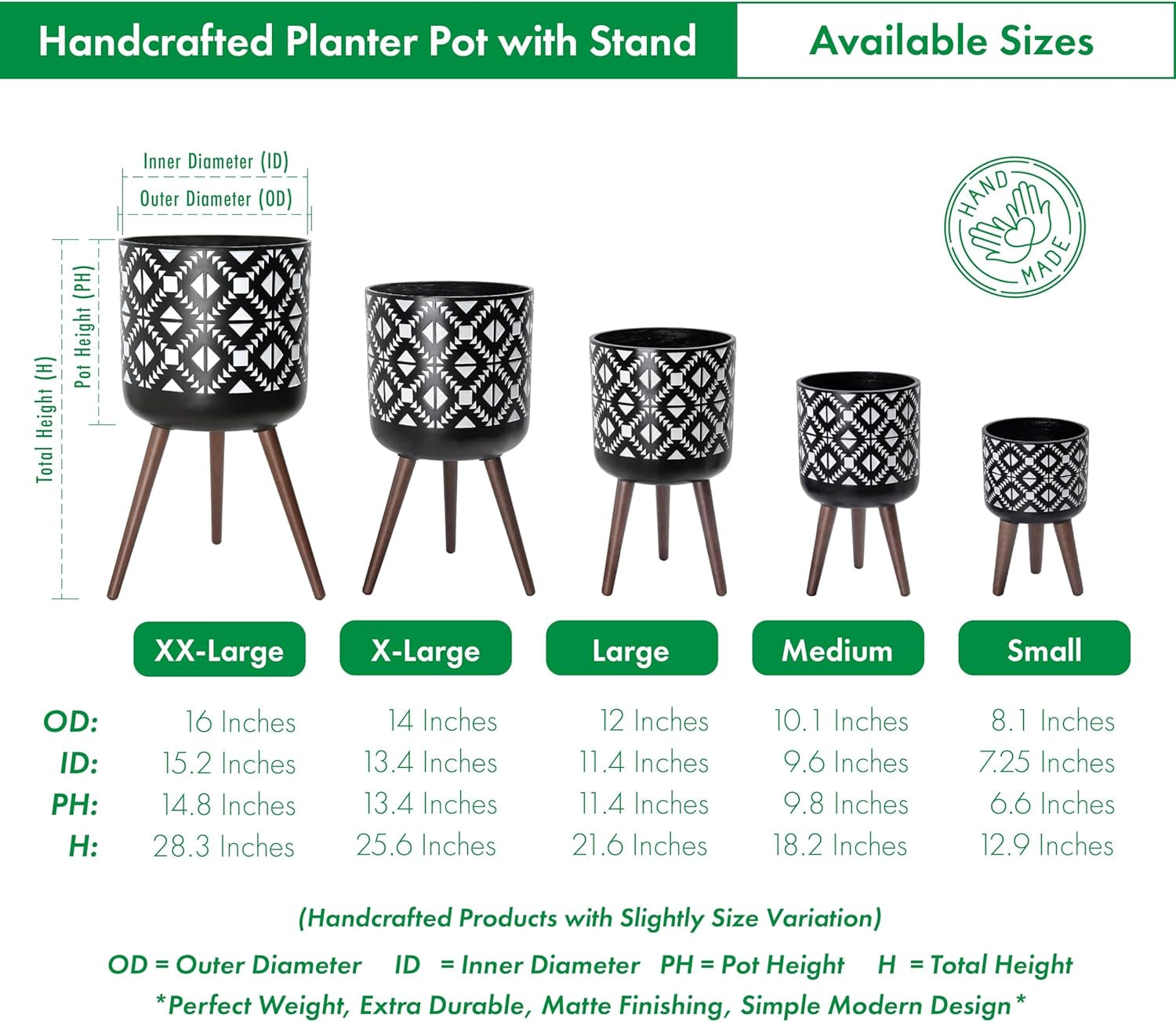 12 Inch Planter Pot with Stand, Mid-Century Tall Plant Pot with Legs for Indoor Plants, White/Black, 88-G-C-4
